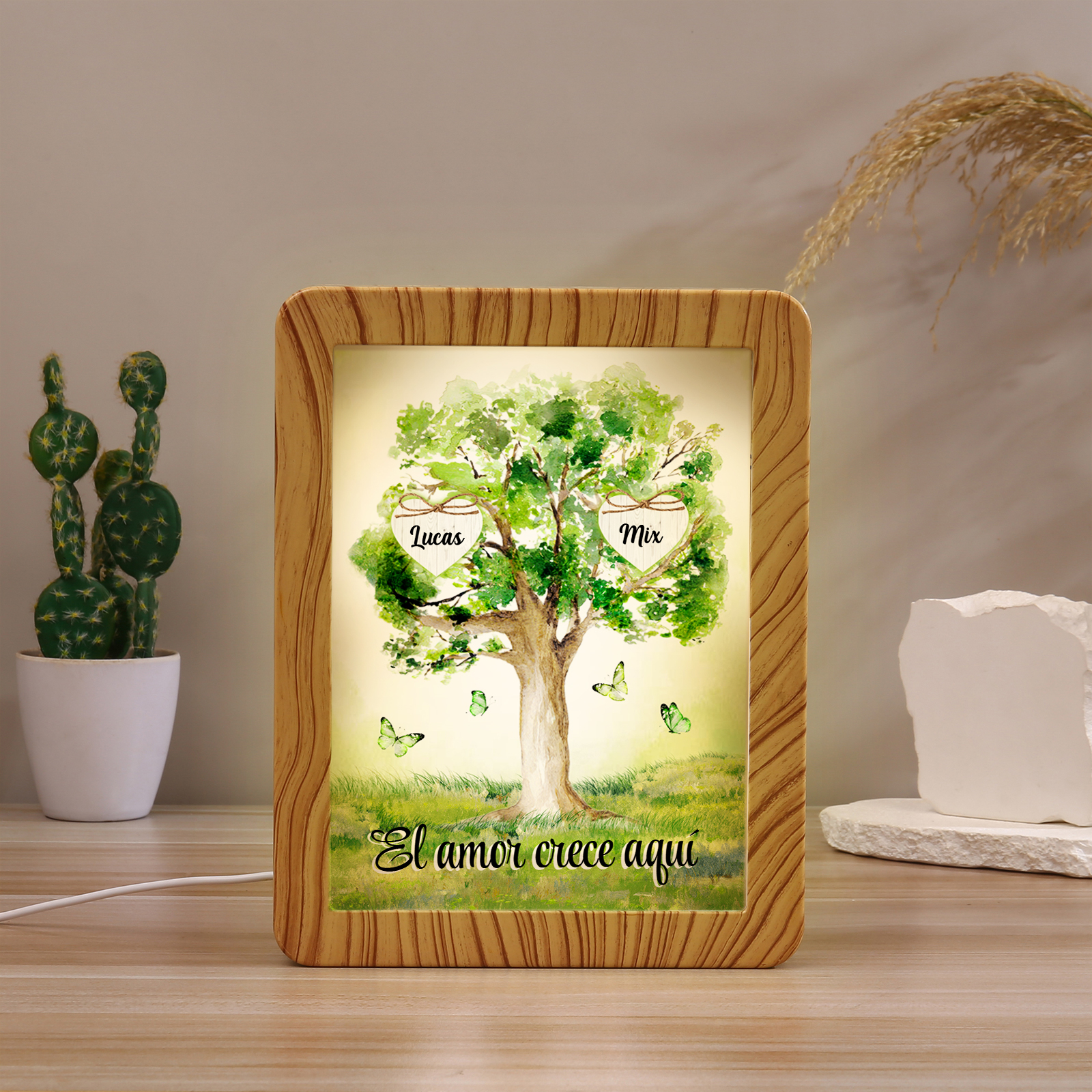 Marco/Espejo con LED Multifuncional Árbol de la Vida 2-8 Nombres Personalizados con 1 Texto-Jessemade ES