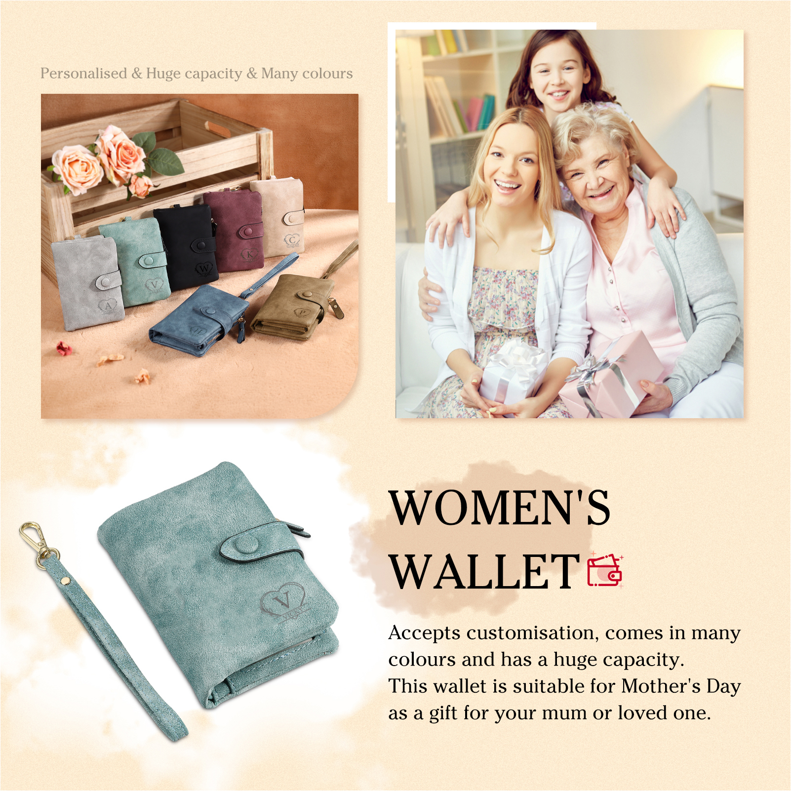 Cartera, billetera con 1 nombre, 1 letra, 1 texto y 1 foto personalizados monedero clásico para mujer-Jessemade ES