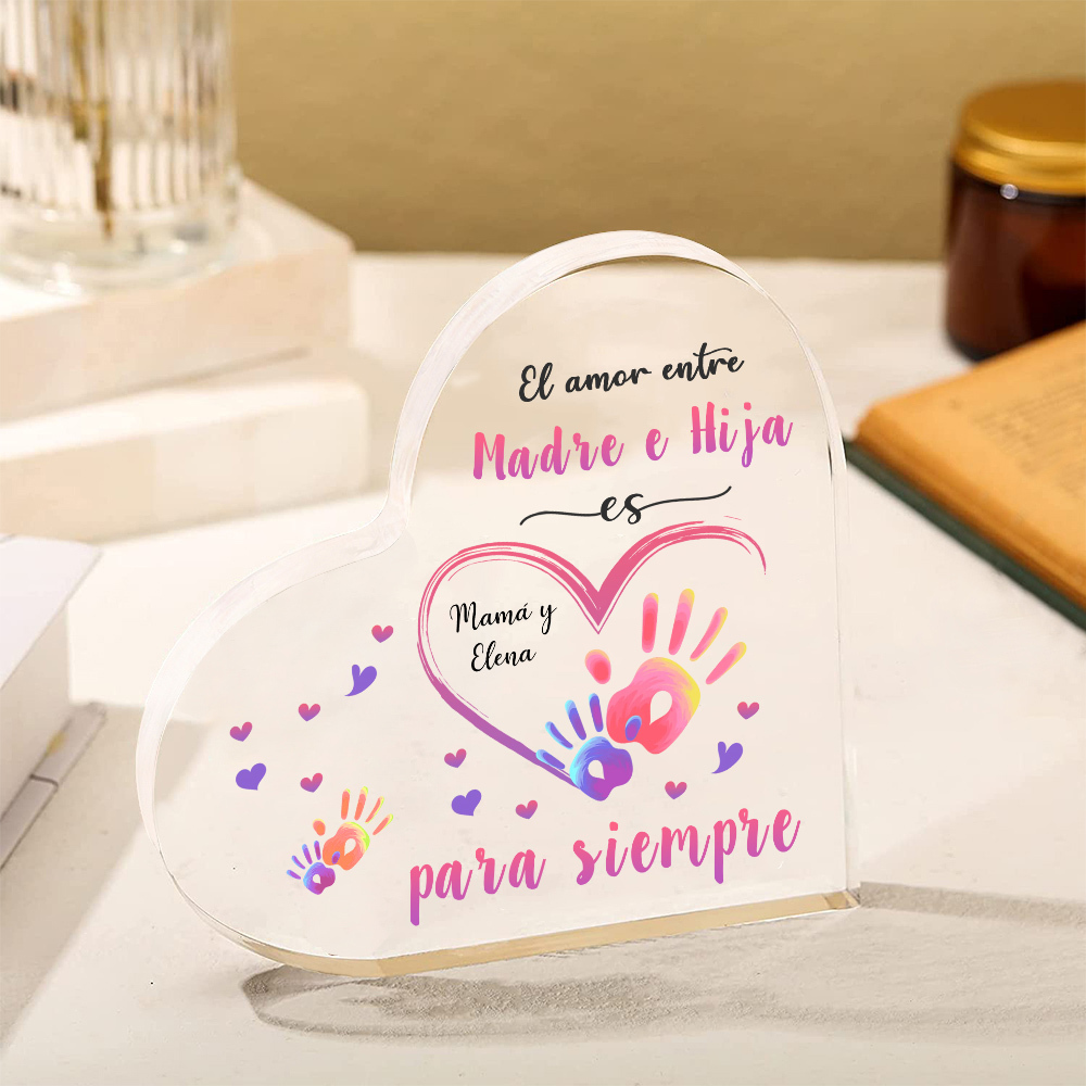 A mi mamá-Placa de acrílico en forma de corazón mano y manita 1 texto personalizado-Jessemade ES