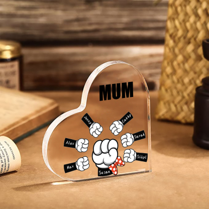 A mi mamá/abuela-Placa de acrílico "Puños" en forma de corazón 7 nombres y 1 texto personalizados-Jessemade ES