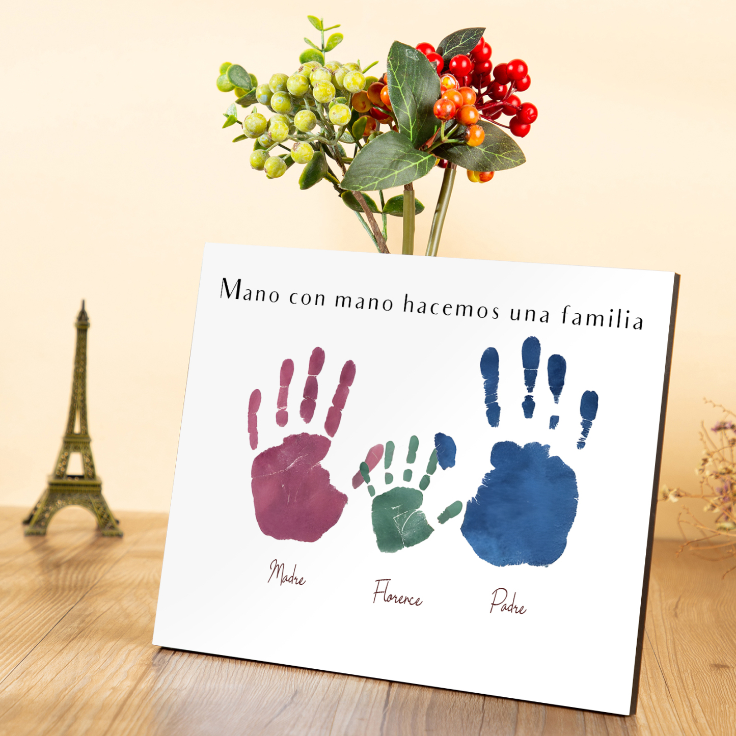 A familia - Lámina 3-5 nombres personalizados marco de madera huellas de mano-Jessemade ES
