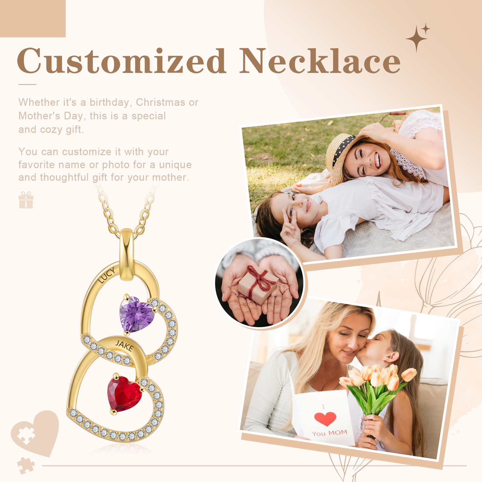 Collar corazones con 1-3 nombres personalizados y 1-3 piedras de nacimiento-Jessemade ES