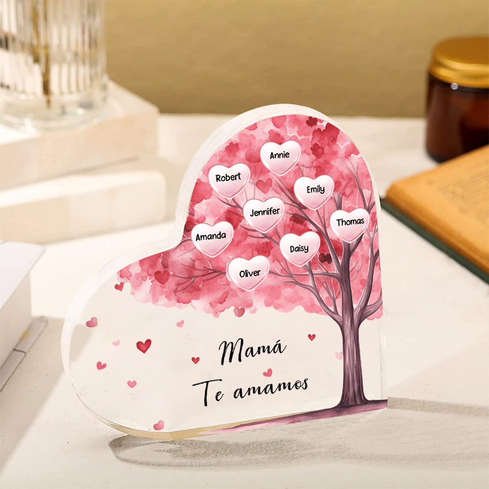 A mi mamá/abuela-Placa de acrílico "Árbol" en forma de corazón 8 nombres y 1 texto personalizados-Jessemade ES