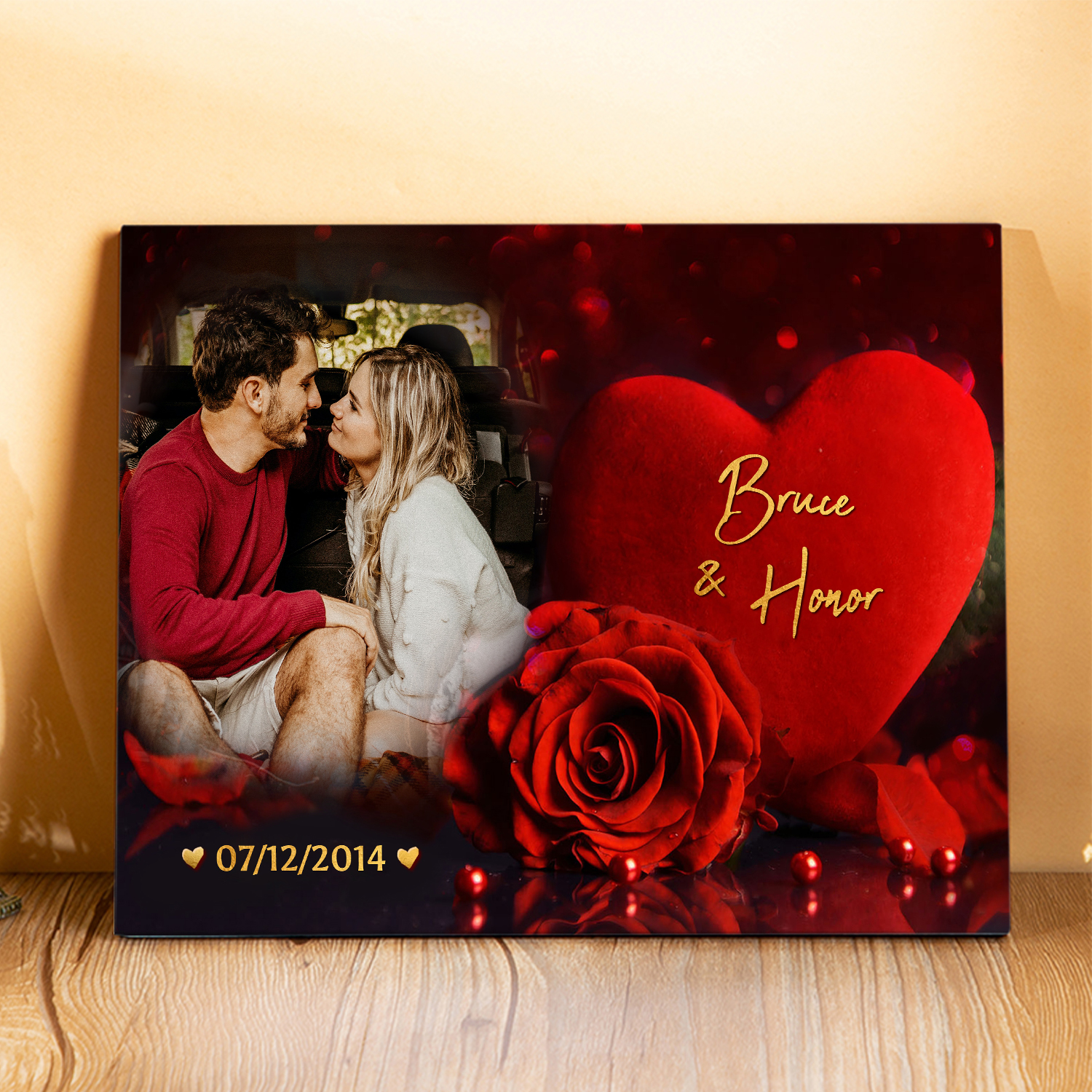 Lámina "rosa y corazón" marco de madera para pareja 2 nombres personalizados con fecha y foto-Jessemade ES