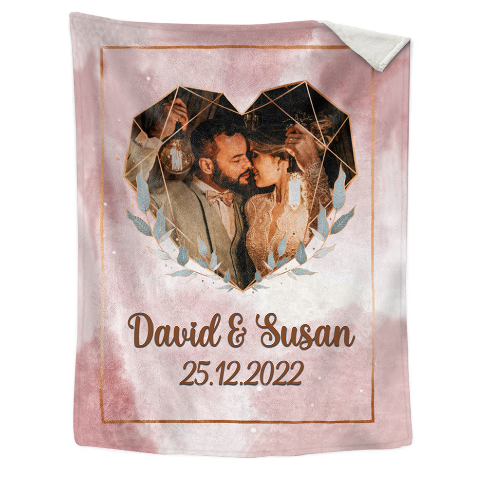 Pareja-Manta de buen calidad de corazón de foto personalizada con nombres y fecha-Jessemade ES