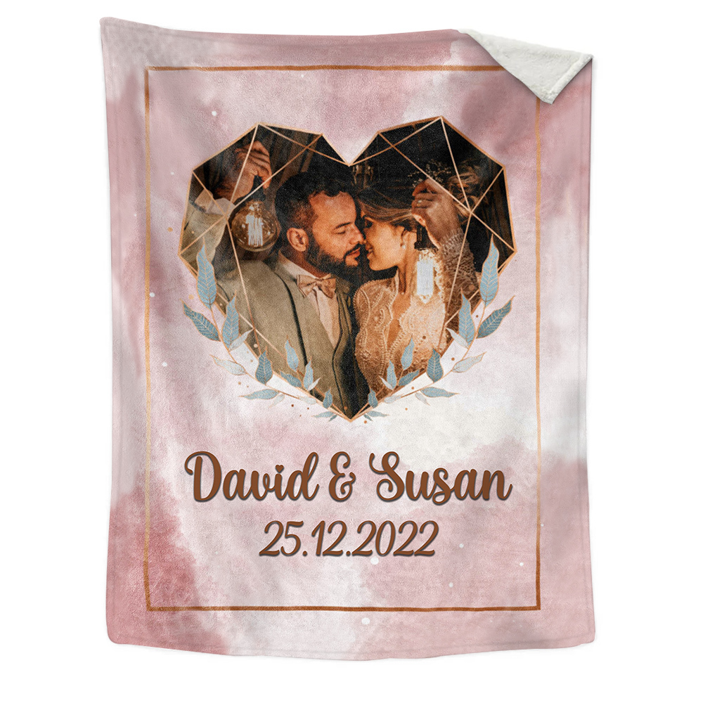 Pareja-Manta de buen calidad de corazón de foto personalizada con nombres y fecha-Jessemade ES