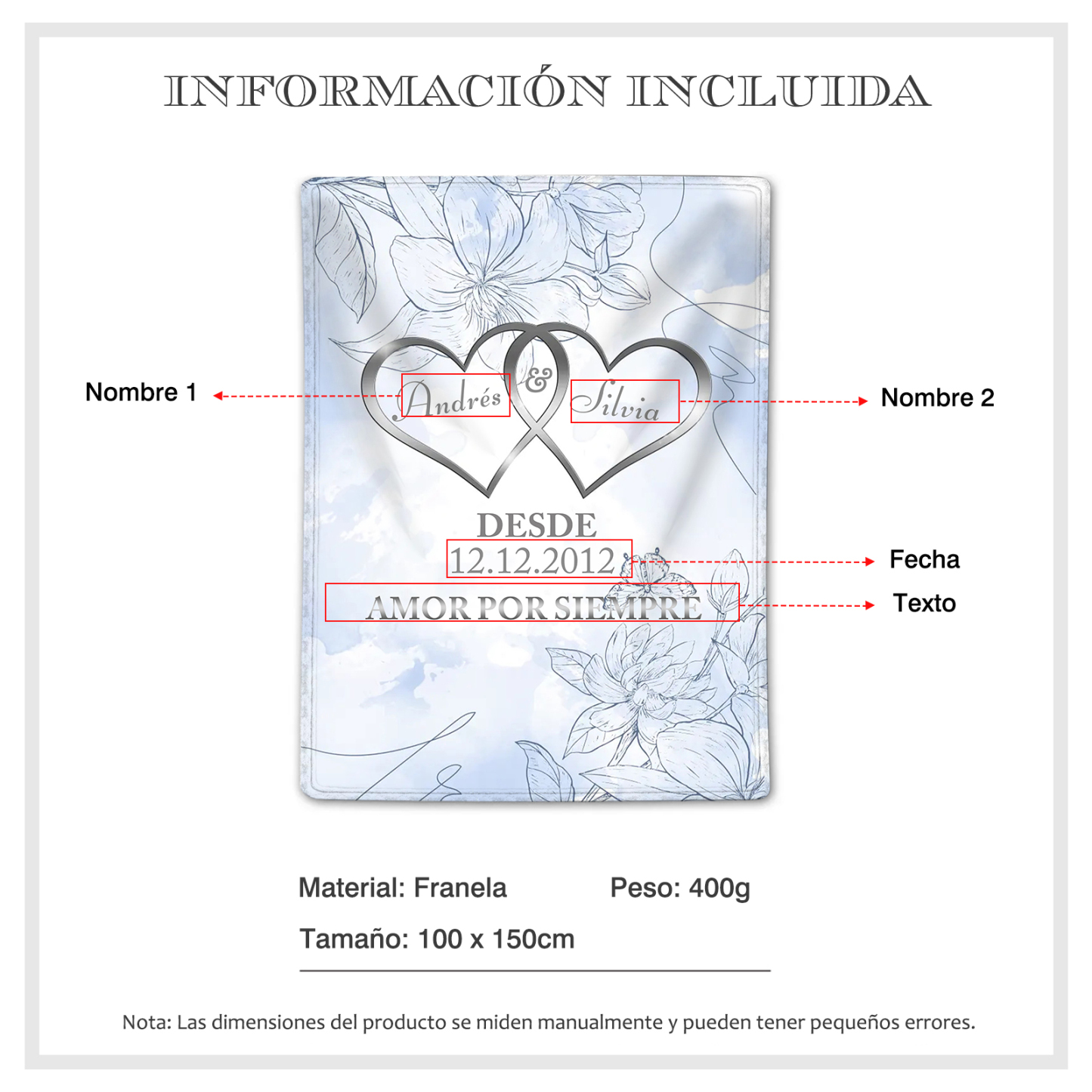 Pareja-Manta de buen calidad de corazones conectados personalizada con nombres, texto y fecha 4 colores-Jessemade ES