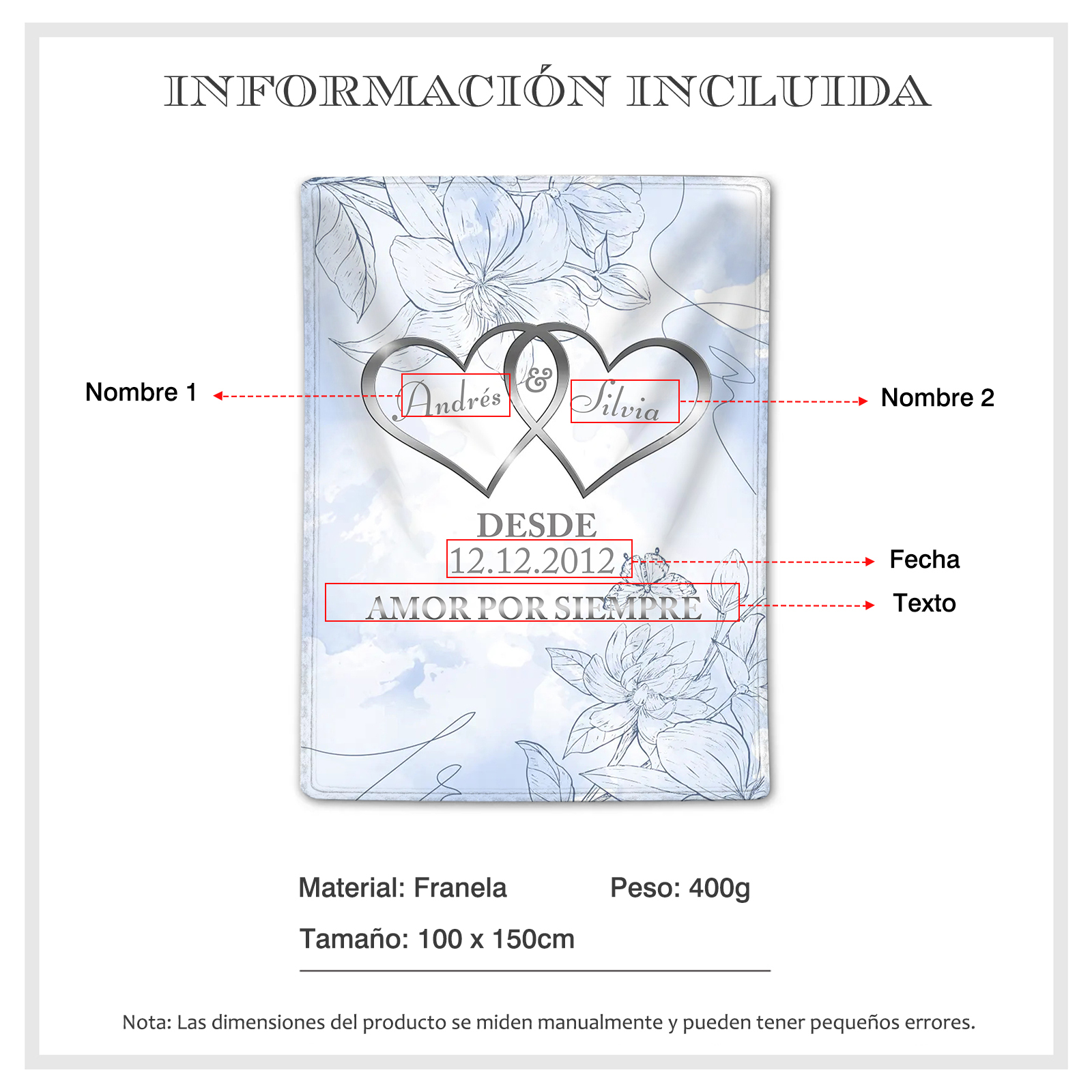 Pareja-Manta de buen calidad de corazones conectados personalizada con nombres, texto y fecha 4 colores-Jessemade ES
