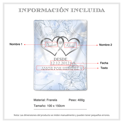 Pareja-Manta de buen calidad de corazones conectados personalizada con nombres, texto y fecha 4 colores-Jessemade ES
