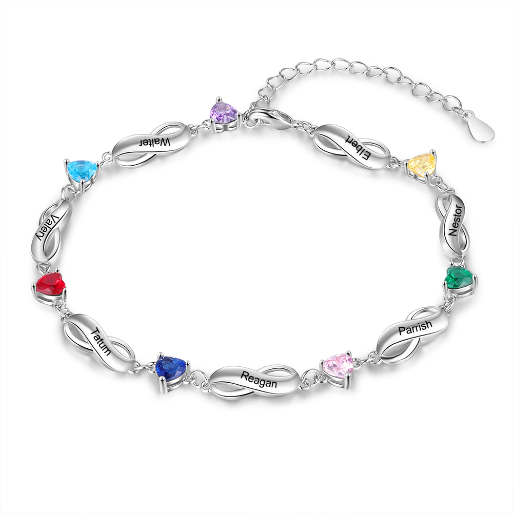 Pulsera "infinito" personalizada con 7 nombres y 7 piedras de nacimiento de corazón-Jessemade ES