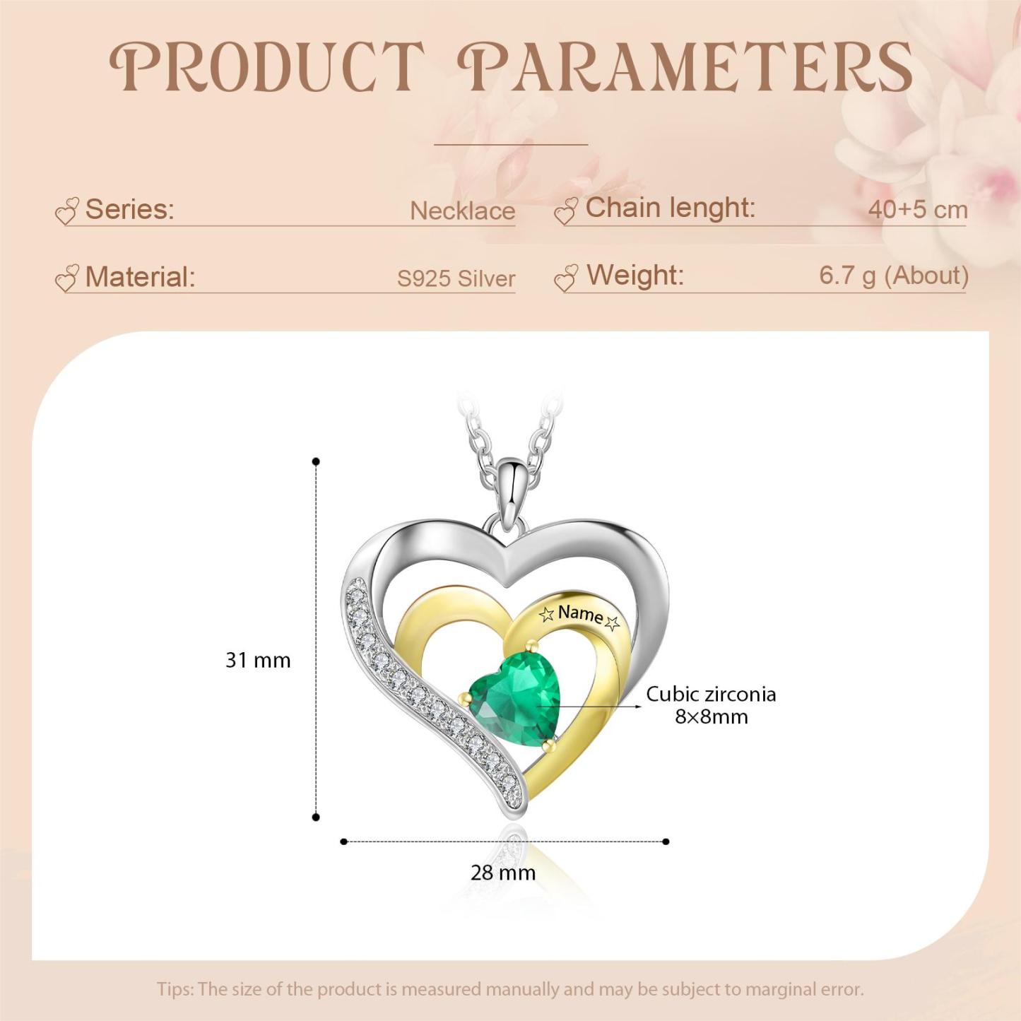 Collar de corazón de plata 925 con 1 nombre y 1 piedra de nacimiento personalizados-Jessemade ES
