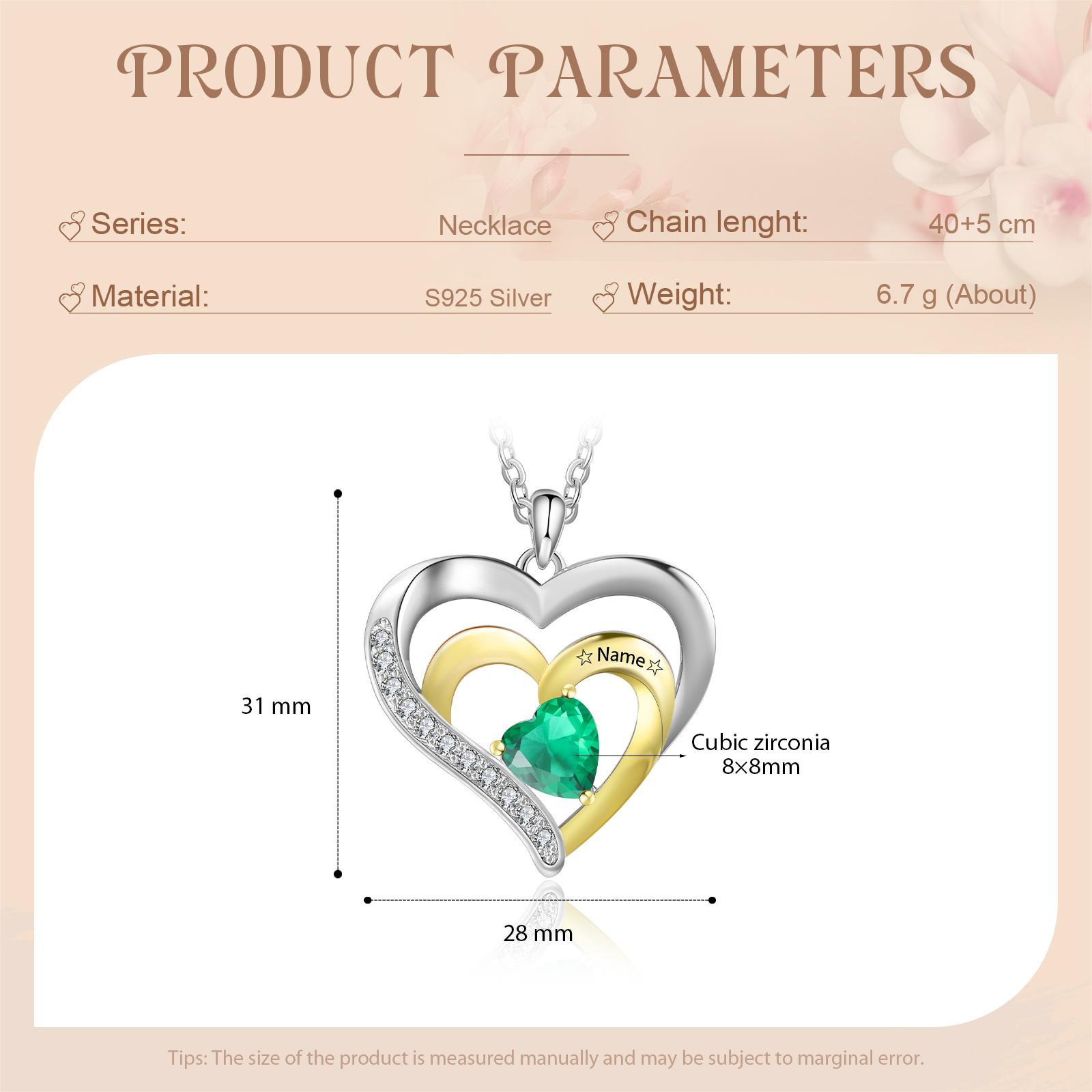 Collar de corazón de plata 925 con 1 nombre y 1 piedra de nacimiento personalizados-Jessemade ES
