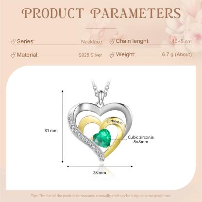 Collar de corazón de plata 925 con 1 nombre y 1 piedra de nacimiento personalizados-Jessemade ES