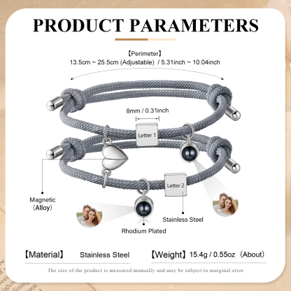 Pulsera de cuerda para pareja personalizada con 2 letras con proyección de foto y dije de corazón magnético-Jessemade ES
