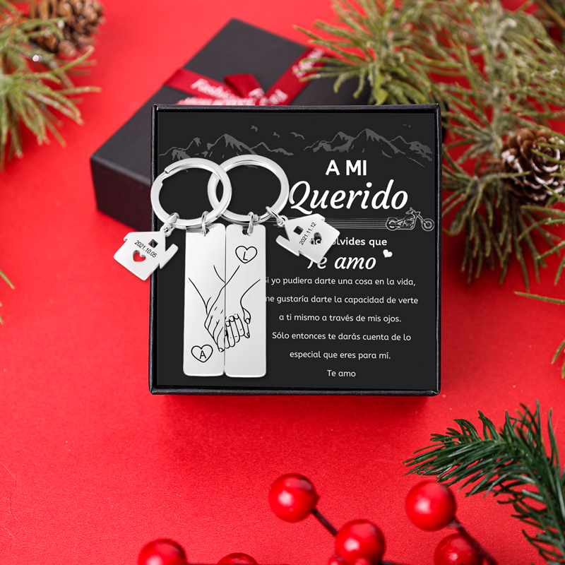 A mi querido-Llavero para pareja mano a mano 2 letras personalizadas con fecha-Jessemade ES