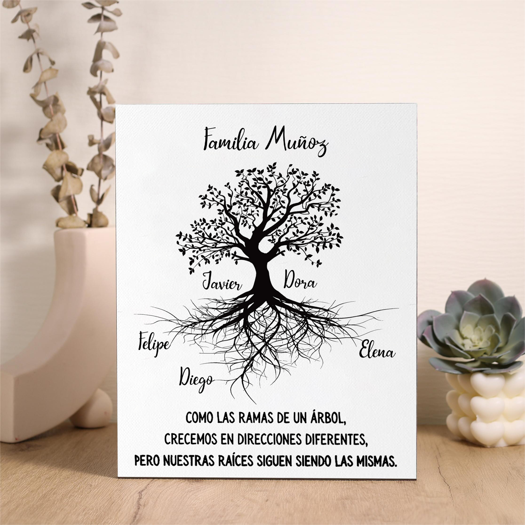A mi familia-Lámina marco de madera Árbol de la Vida 1 texto y 5 nombres personalizados-Jessemade ES