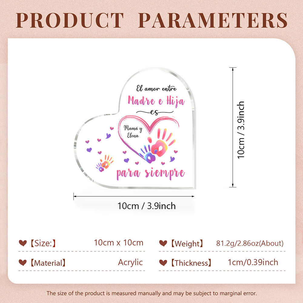 A mi mamá-Placa de acrílico en forma de corazón mano y manita 1 texto personalizado-Jessemade ES