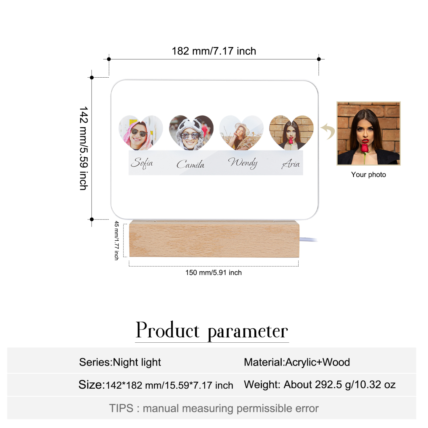 Lámpara 3D Ilusión Luz de noche LED 4 nombres personalizados con 4 fotos