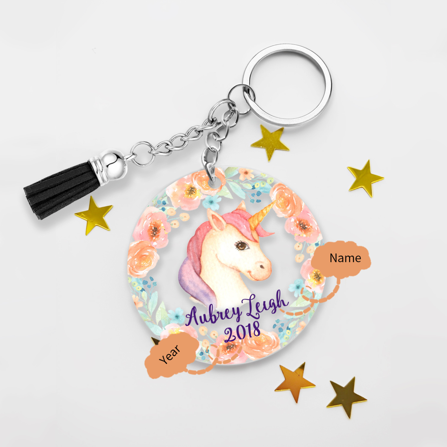 Llavero redondo de acrílico con animales para niñit@s personalizado con 1 nombre y año-Jessemade ES