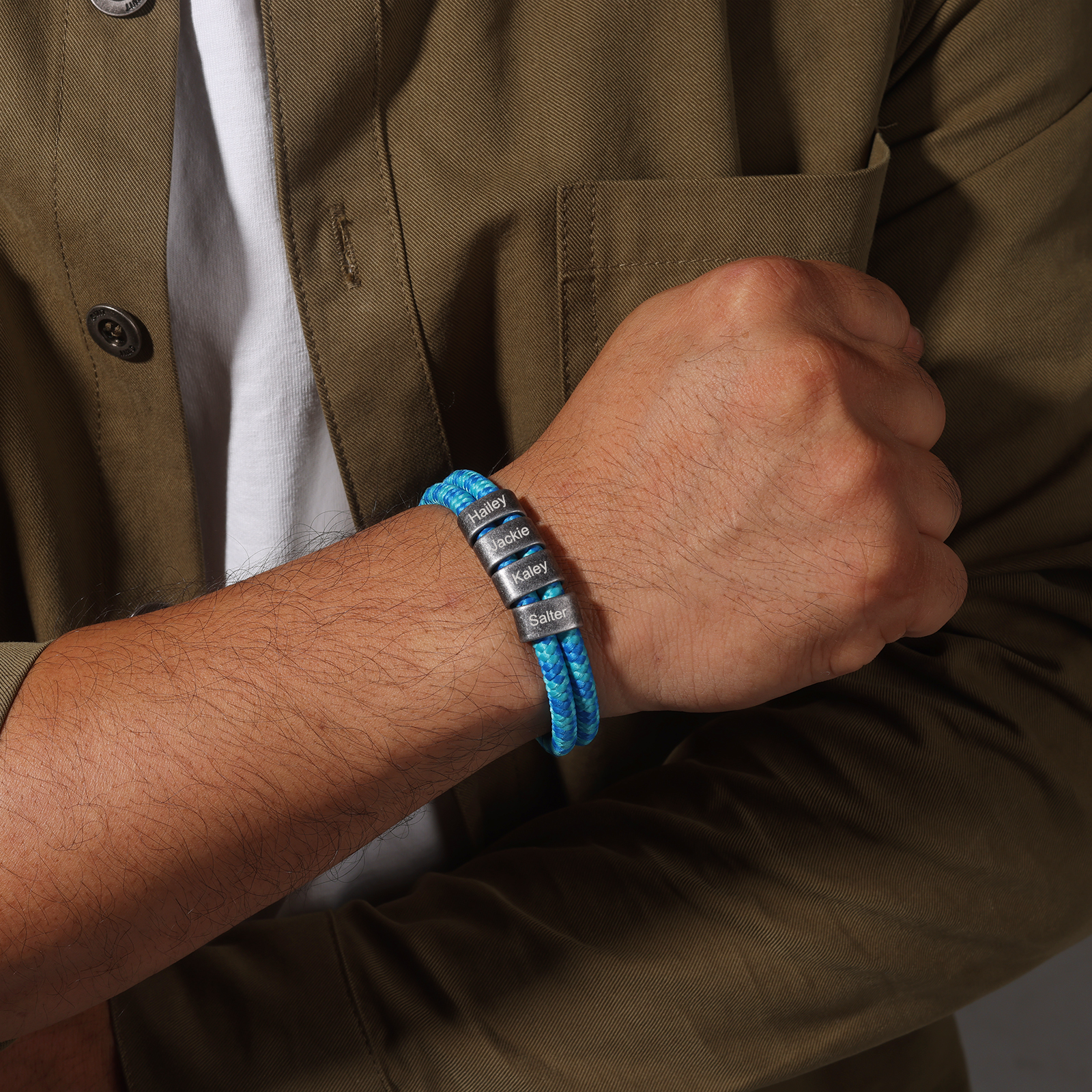 2-4 Nombres Personalizados Pulsera de Cuerda Celeste Aros de Acero Inoxidable-Jessemade ES