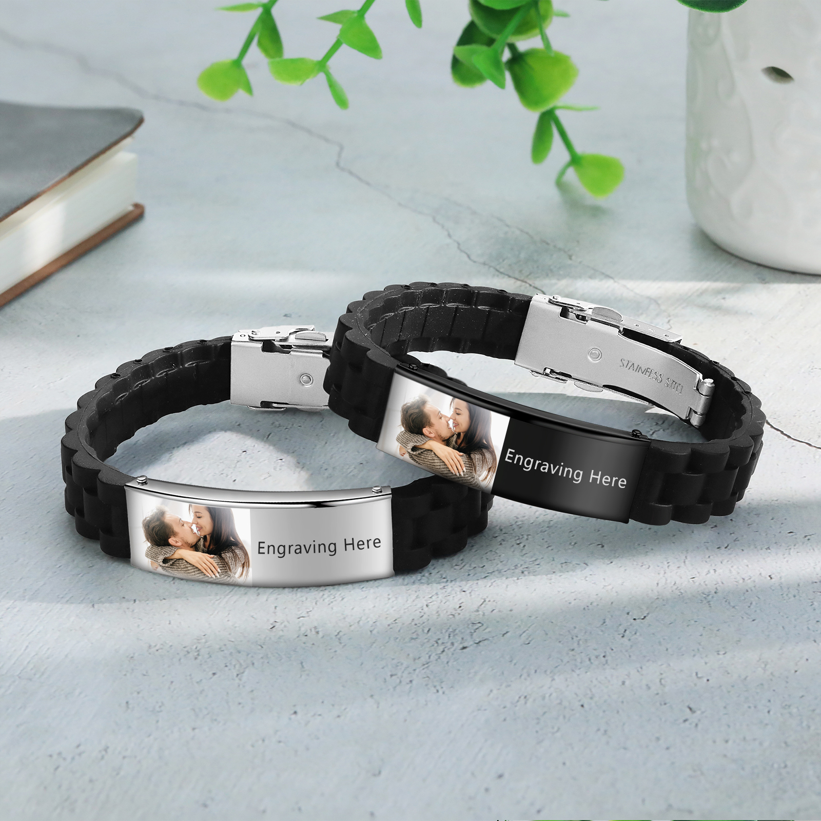 Pulsera personalizada con 1 texto y 1 foto para hombre-Jessemade ES