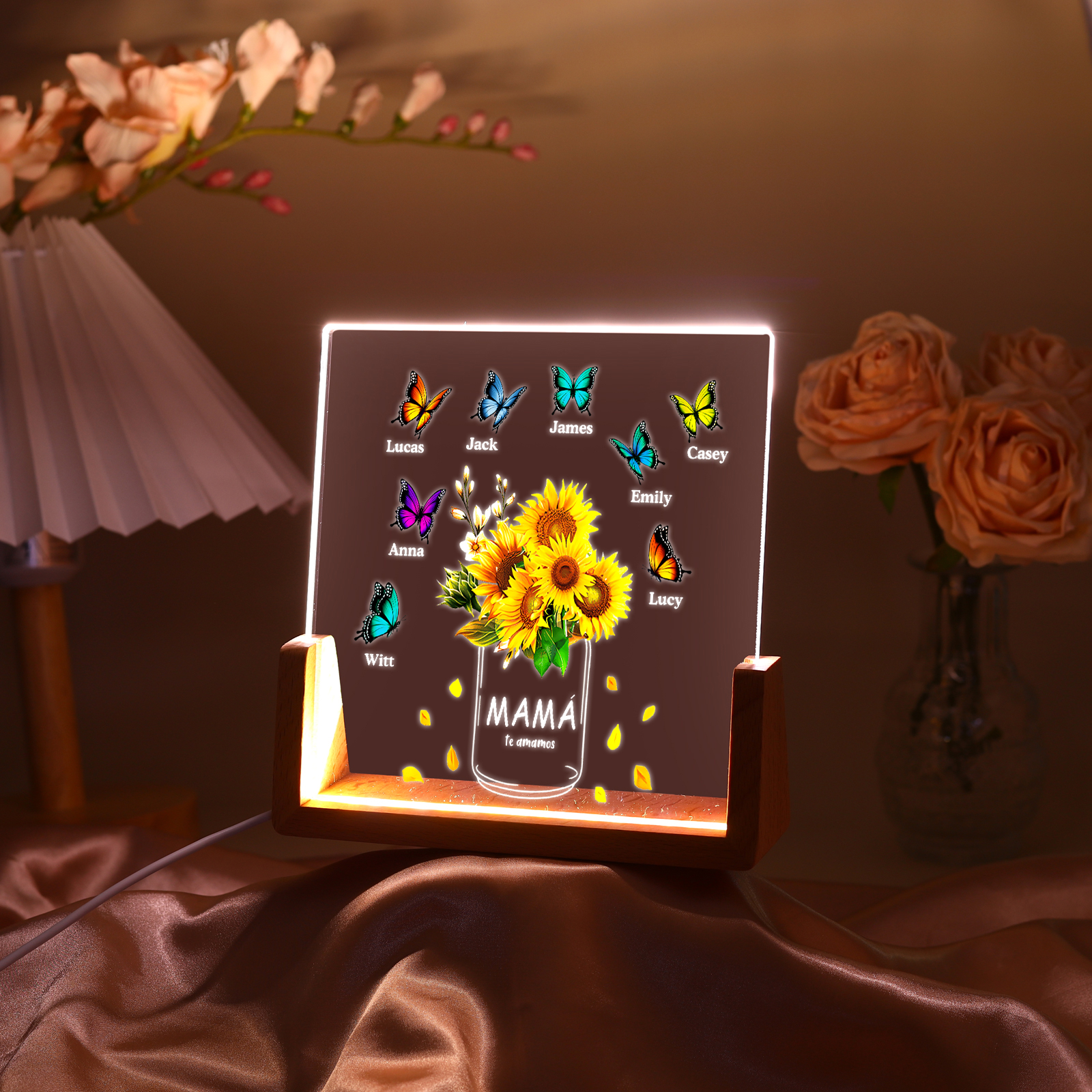 A mi mamá/abuela-Lámpara Personalizada con 2-8 Nombres y 2 Textos "girasol y mariposas" 3D Ilusión Luz de Noche-Jessemade ES
