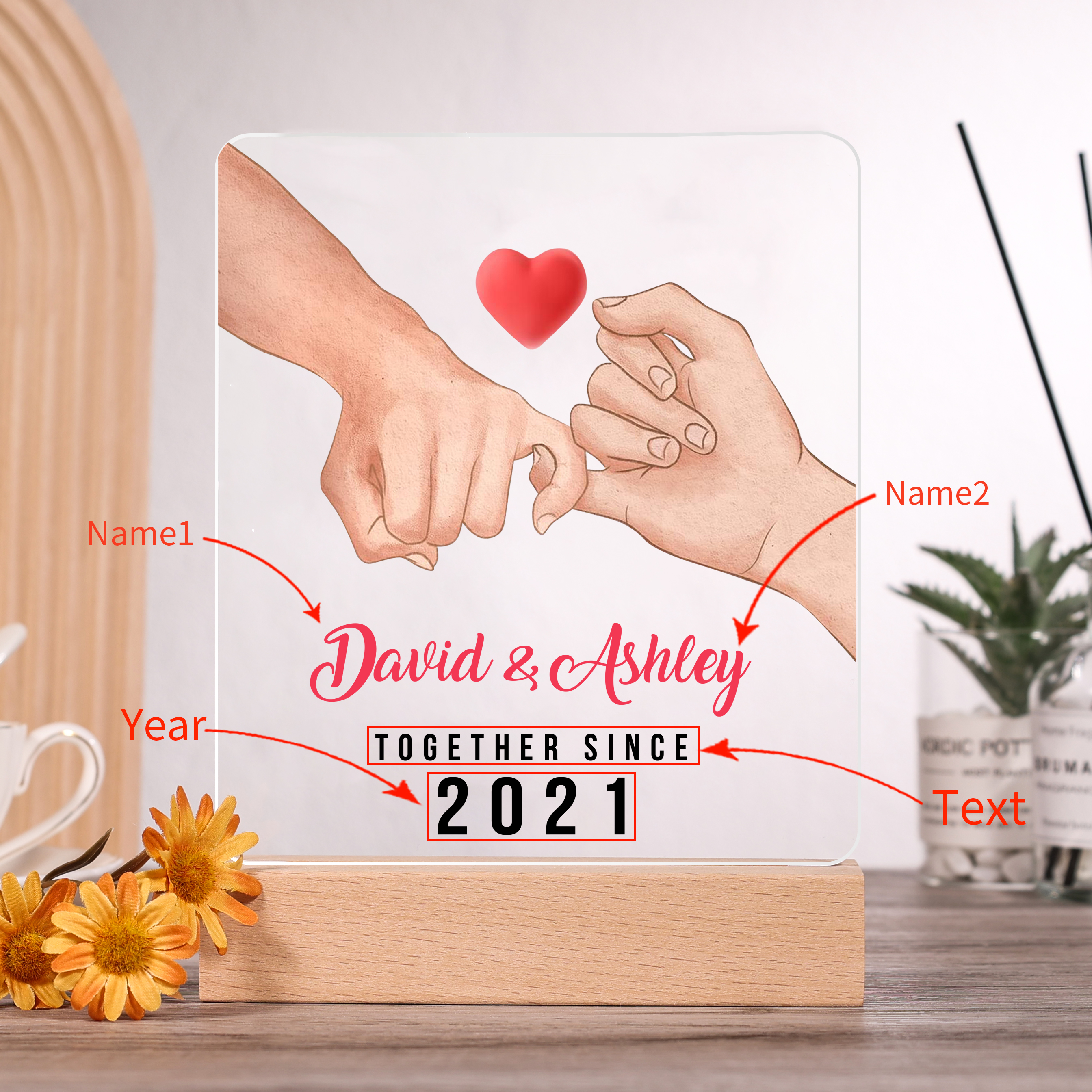 Lámpara dedos cogidos para pareja 3D Ilusión Luz de Noche LED 2 nombres, texto y año personalizados -Jessemade ES