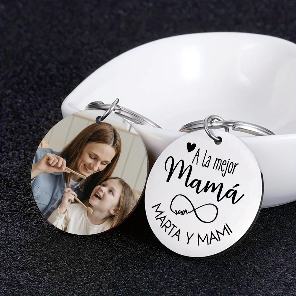 A mi mamá - Llavero de placa redonda "la mejor mamá" con 1 texto y foto personalizados-Jessemade ES