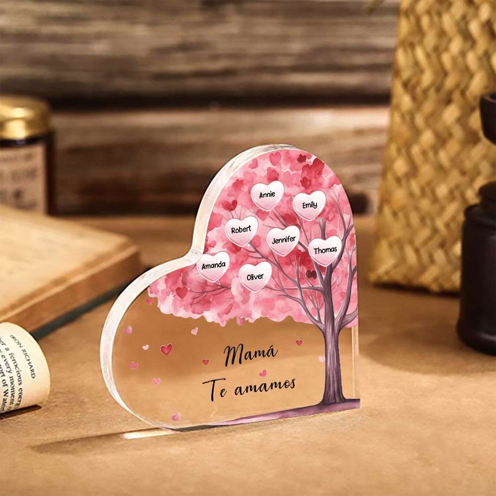 A mi mamá/abuela-Placa de acrílico "Árbol" en forma de corazón 7 nombres y 1 texto personalizados-Jessemade ES
