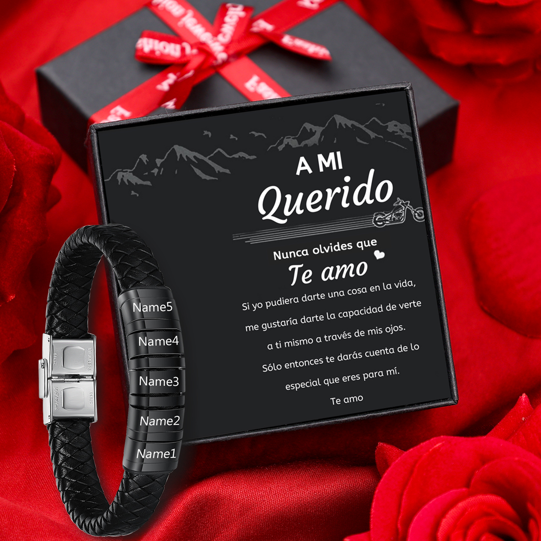 A mi querido-Pulsera de cuero trenzado de hombre con 5 perlas personalizadas con 5 nombres-Jessemade ES