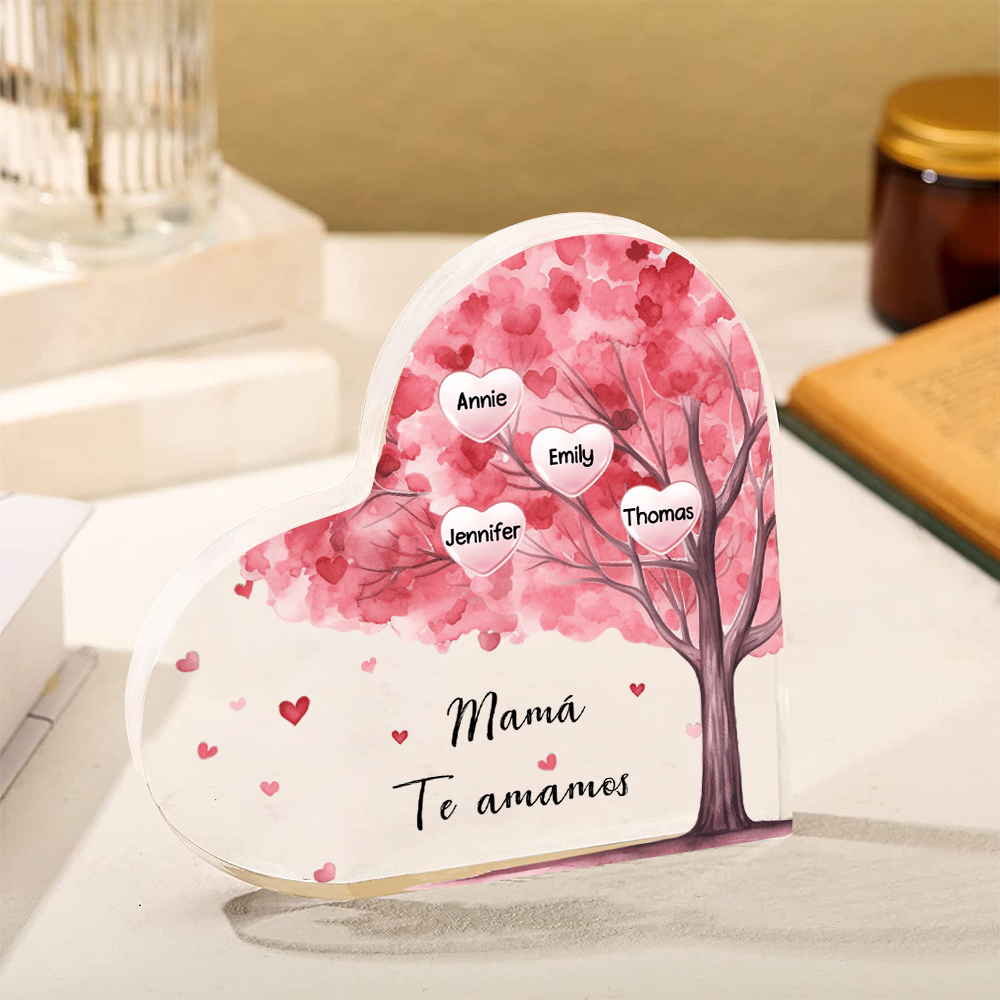 A mi mamá/abuela-Placa de acrílico "Árbol" en forma de corazón 4 nombres y 1 texto personalizados-Jessemade ES