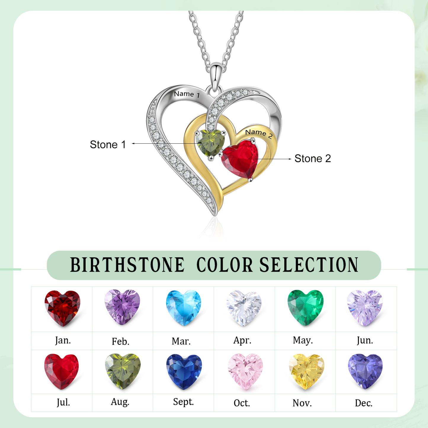 Collar corazón con 2 nombres y 2 piedras de nacimiento personalizados-Jessemade ES
