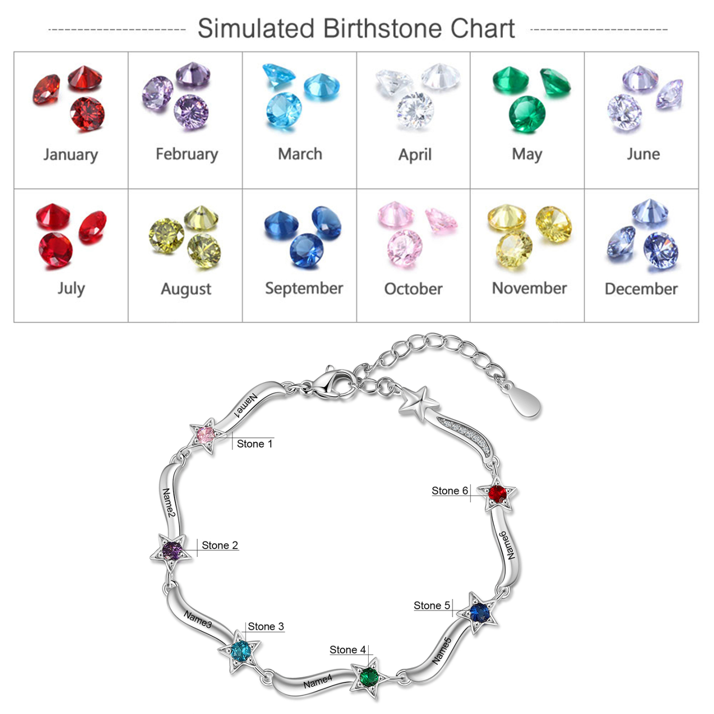 Pulsera Brazalete personalizada de 6 nombres y estrellas con 6 piedras de nacimiento-Jessemade ES