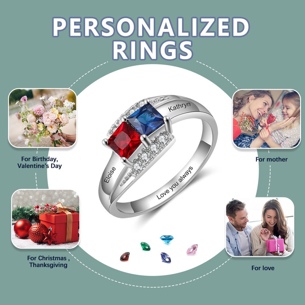 Anillo de Plata 925 2 Nombres Personalizados con 2 Piedras de Nacimiento