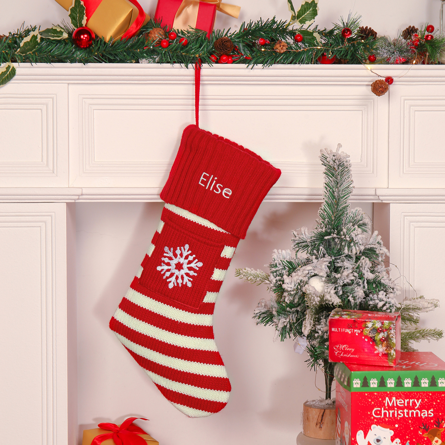 Adornos de medias navideñas con árbol o nieve Bolsa de regalo 1 Nombre personalizado-Jessemade ES