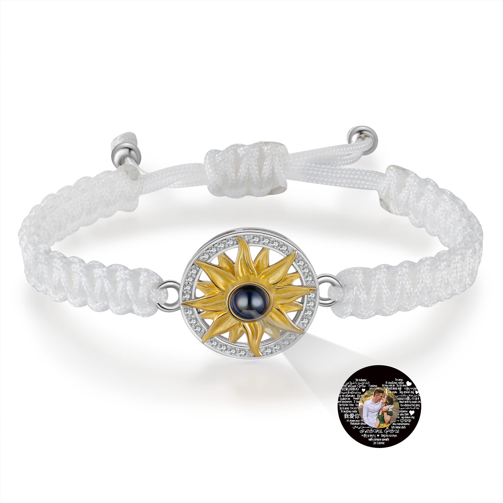 Pulsera con proyección de foto con dije de girasol cuerda blanca-Jessemade ES