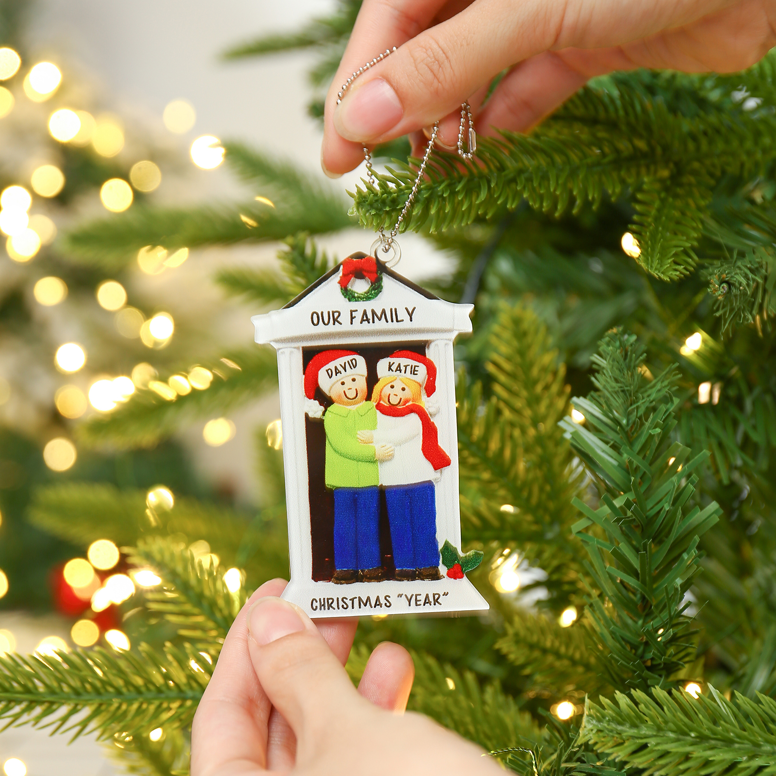 Navidad-Ornamentos Navideños de Acrílico Familia en Puerta 2 Nombres Personalizados con 2 Textos