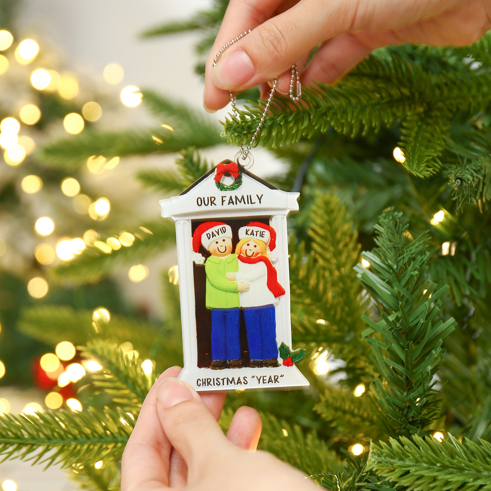 Navidad-Ornamentos Navideños de Acrílico Familia en Puerta 2 Nombres Personalizados con 2 Textos
