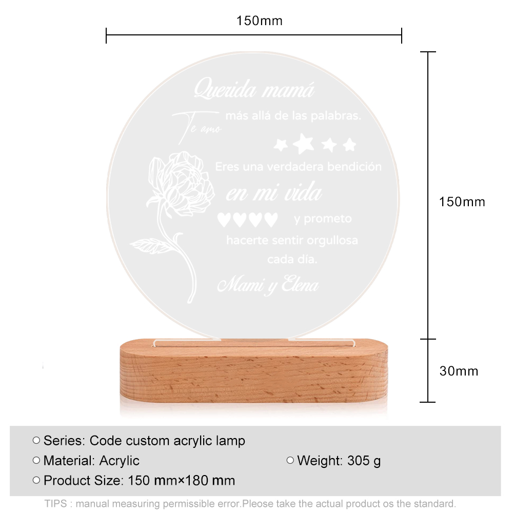 A mi mamá-Lámpara 3D Ilusión Luz de Noche Personalizada con 1 Texto-Jessemade ES