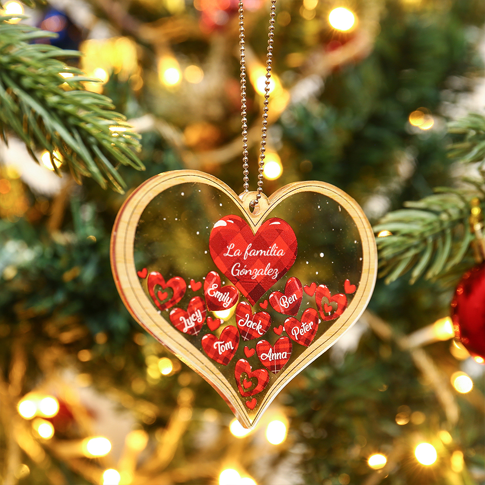 Navidad-Ornamento navideño de acrílico corazones con 7 nombres y 1 texto personalizados