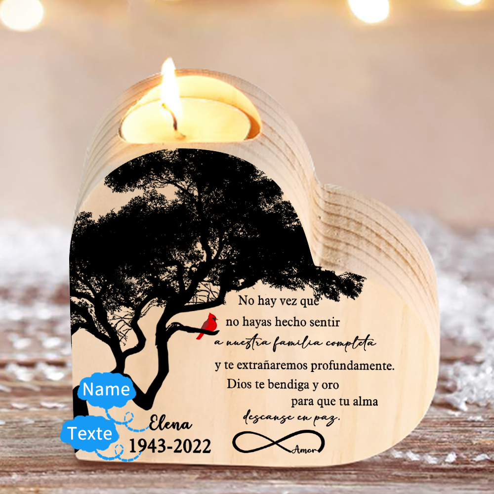 Navidad en el paraíso-Candelero de corazón en memoria de ser querido personalizado con nombre y años de madera sin vela-Jessemade ES