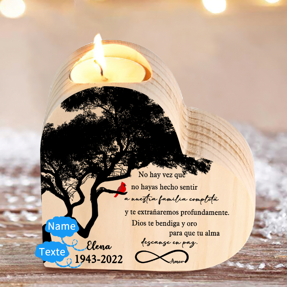 Navidad en el paraíso-Candelero de corazón en memoria de ser querido personalizado con nombre y años de madera sin vela-Jessemade ES
