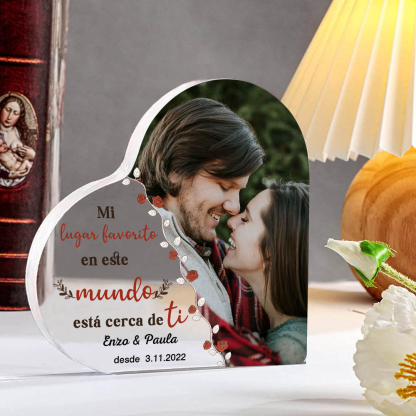 Placa de acrílico en forma de corazón con foto y 2 textos personalizados-Jessemade ES