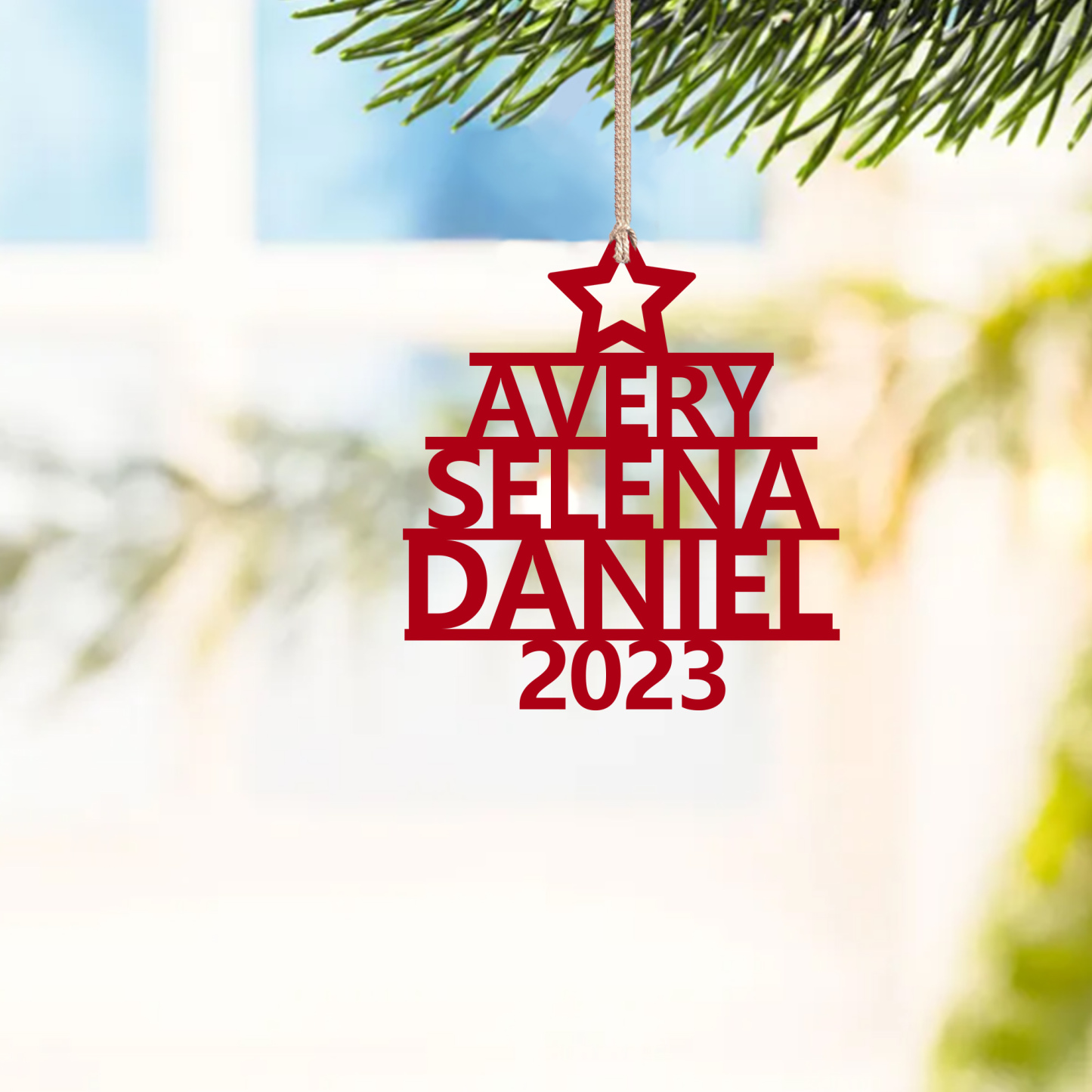 Navidad-Ornamento navideño de madera árbol de nombres con 3 nombres y año personalizados