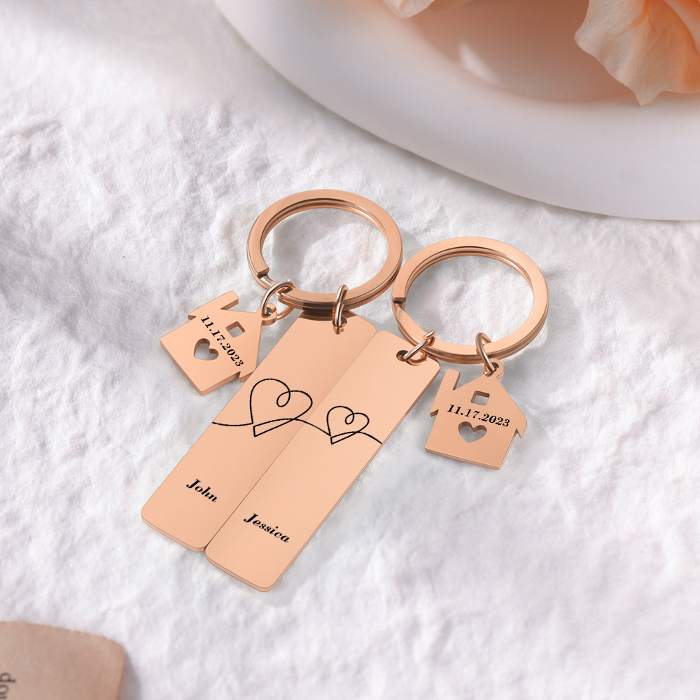 Llavero para pareja corazones conectados 2 nombres personalizados con fecha dije de casa-Jessemade ES