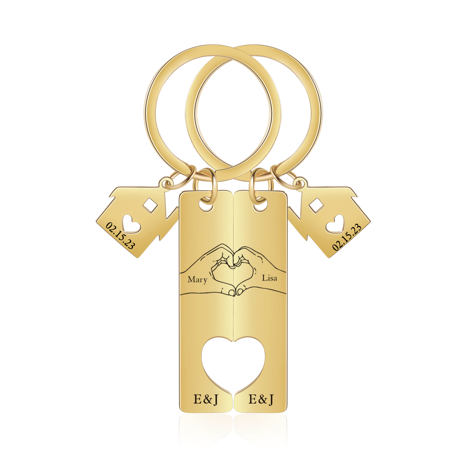 Llavero para pareja posando corazón con manos 2 nombres, 2 letras personalizados con fecha dije de casa-Jessemade ES