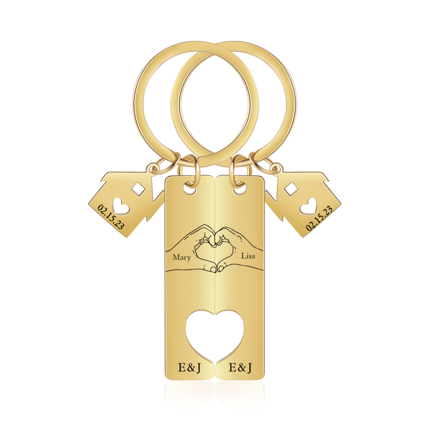 Llavero para pareja posando corazón con manos 2 nombres, 2 letras personalizados con fecha dije de casa-Jessemade ES