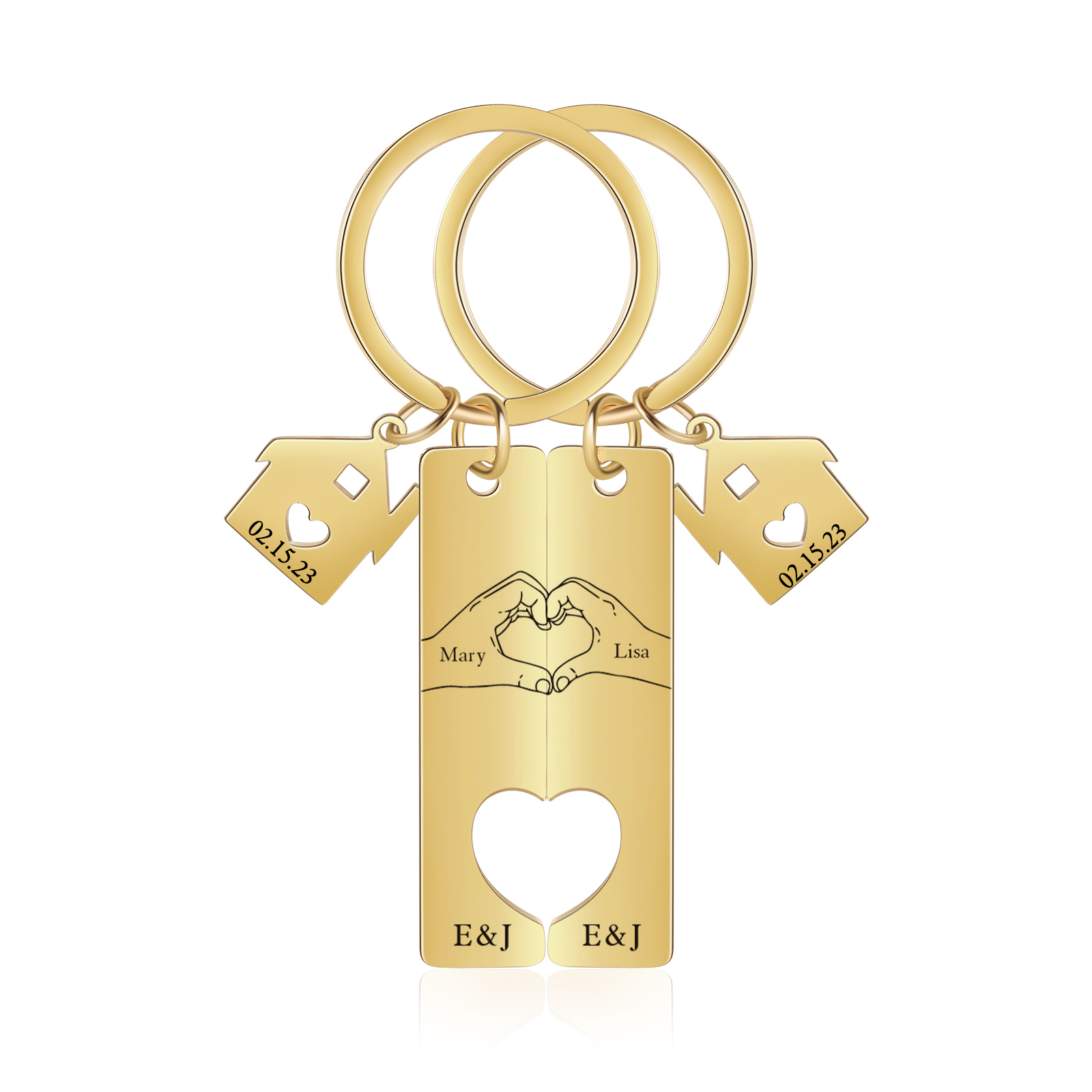 Llavero para pareja posando corazón con manos 2 nombres, 2 letras personalizados con fecha dije de casa-Jessemade ES