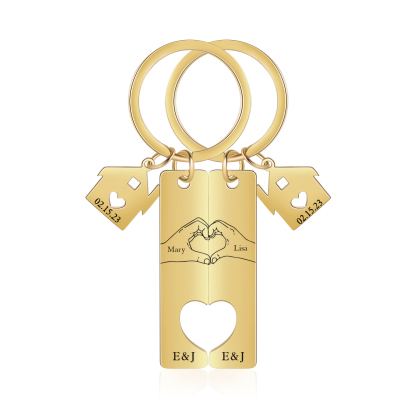 Llavero para pareja posando corazón con manos 2 nombres, 2 letras personalizados con fecha dije de casa-Jessemade ES