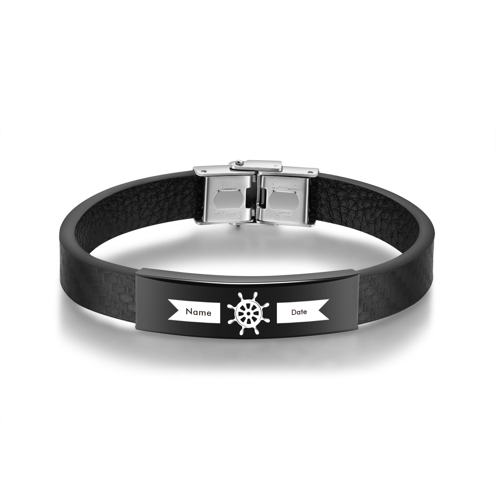 Pulsera de Cuero con Placa de Nombre y Fecha Personalizados -Jessemade ES